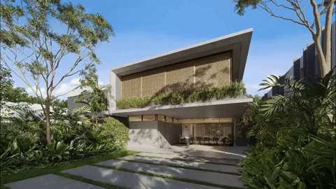 A photorealistic 3D rendering of a modern, two-story house with extensive landscaping, viewed on a tablet screen