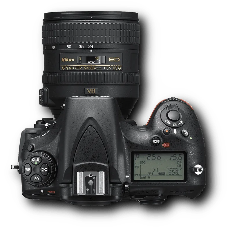A professional black Nikon DSLR camera used for high-resolution photography